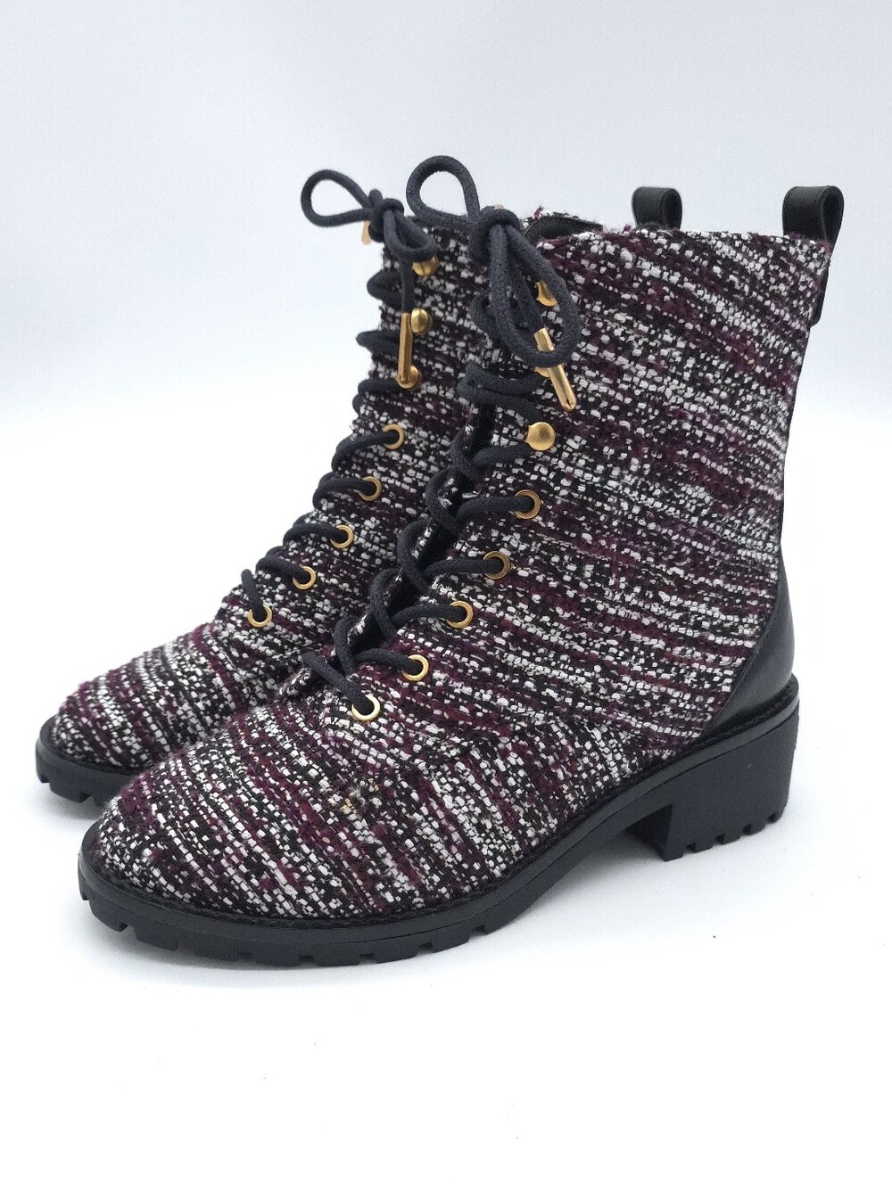 Tory Burch Tweed Combat Lug Sole Lace-Up Boot Chalet Multi/Black Size 6M